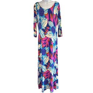 Soft Surroundings Women's Pink Blue Tropical Print Maxi Dress Medium Summer